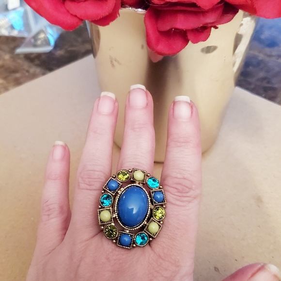 Blues Greens & Gold Circle Square Oval Stretch Fashion Ring - Picture 3 of 4
